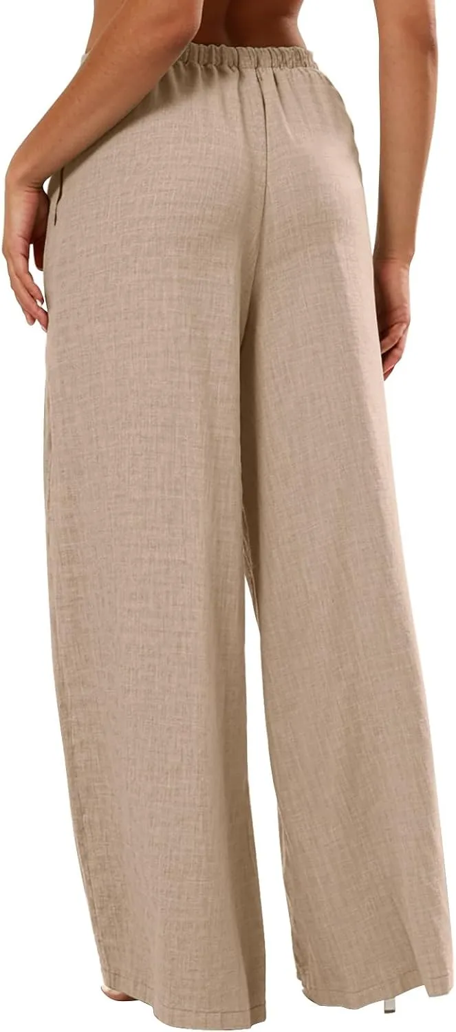 Linen Pants Women Wide Leg Vacation Palazzo Fashion Dressy Elastic Waist Cotton Linen Capris for Women