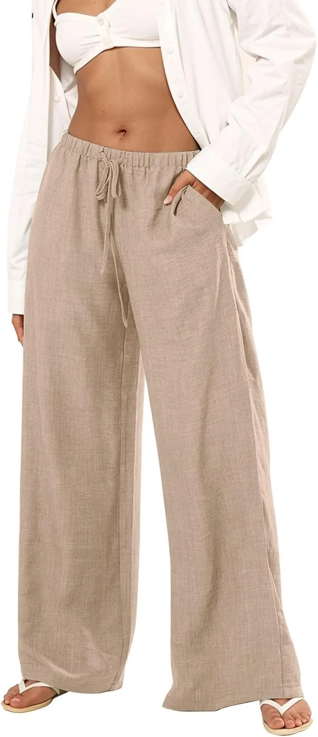 Linen Pants Women Wide Leg Vacation Palazzo Fashion Dressy Elastic Waist Cotton Linen Capris for Women