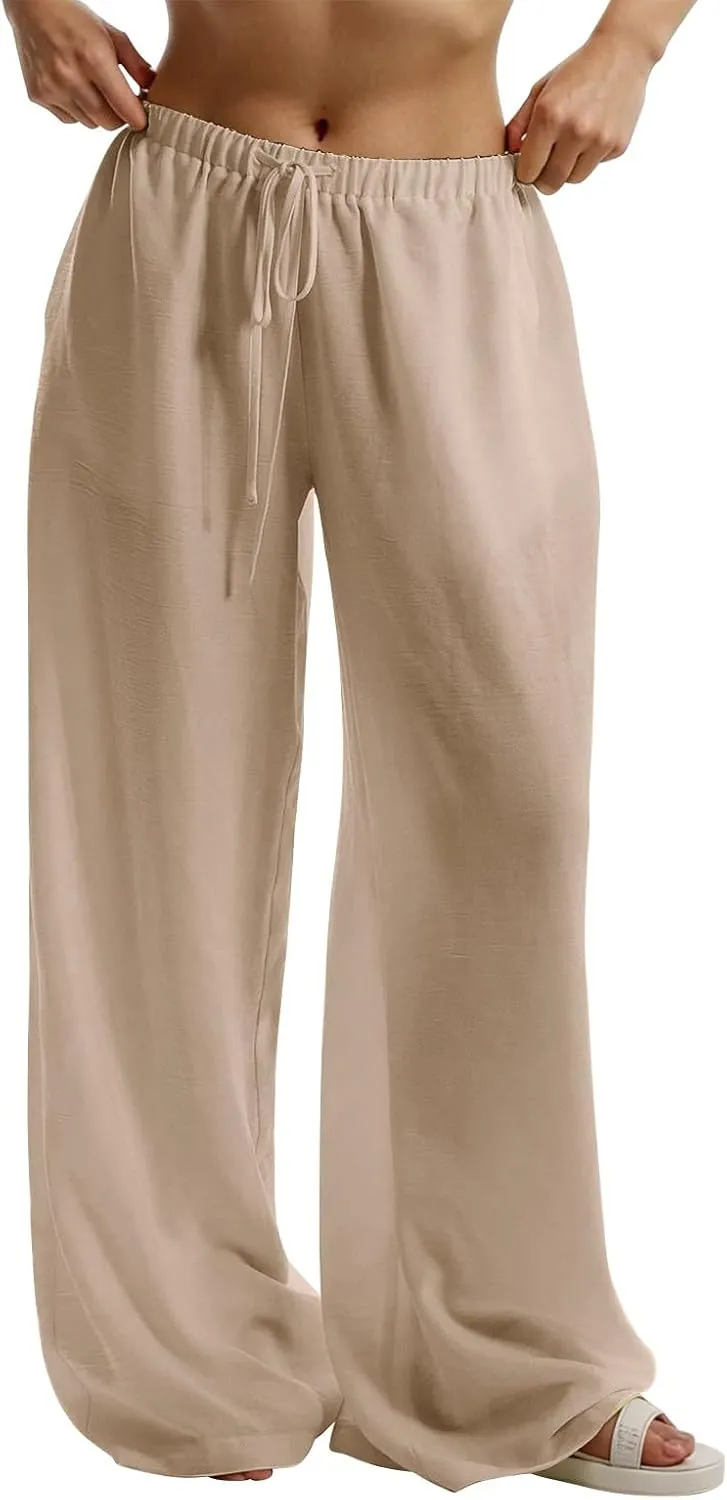 Linen Pants Women Wide Leg Vacation Palazzo Fashion Dressy Elastic Waist Cotton Linen Capris for Women