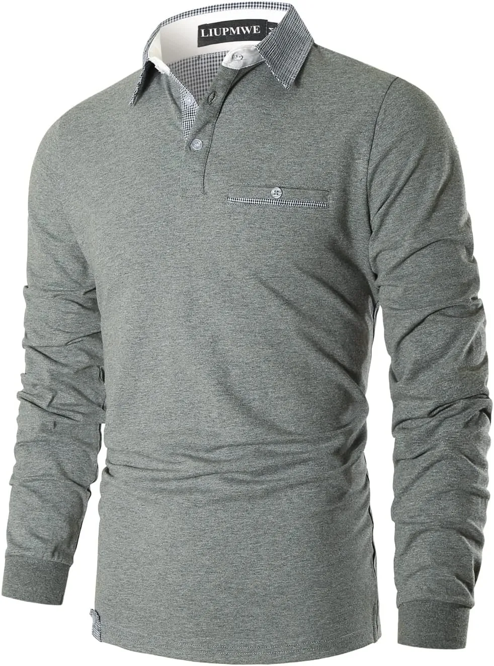 LIUPMWE Polo Shirts for Men Long Sleeve Golf Shirt Slim Fit Classic Plaid Collar Cotton Golf T-Shirts Casual Polo Shirts