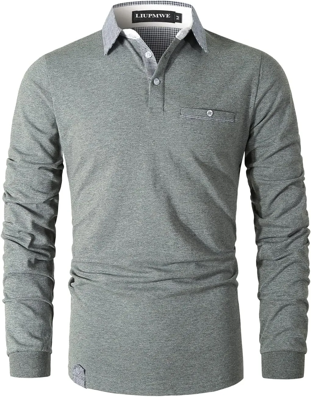LIUPMWE Polo Shirts for Men Long Sleeve Golf Shirt Slim Fit Classic Plaid Collar Cotton Golf T-Shirts Casual Polo Shirts