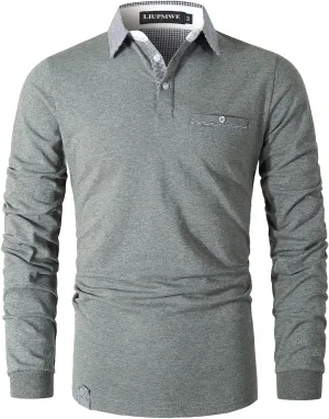 LIUPMWE Polo Shirts for Men Long Sleeve Golf Shirt Slim Fit Classic Plaid Collar Cotton Golf T-Shirts Casual Polo Shirts