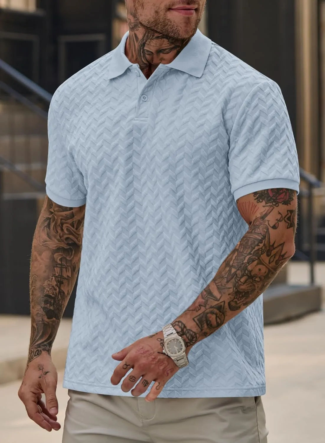 Men Textured Polo Shirts Casual Summer Short Sleeve Poloshirt (S-XXL)
