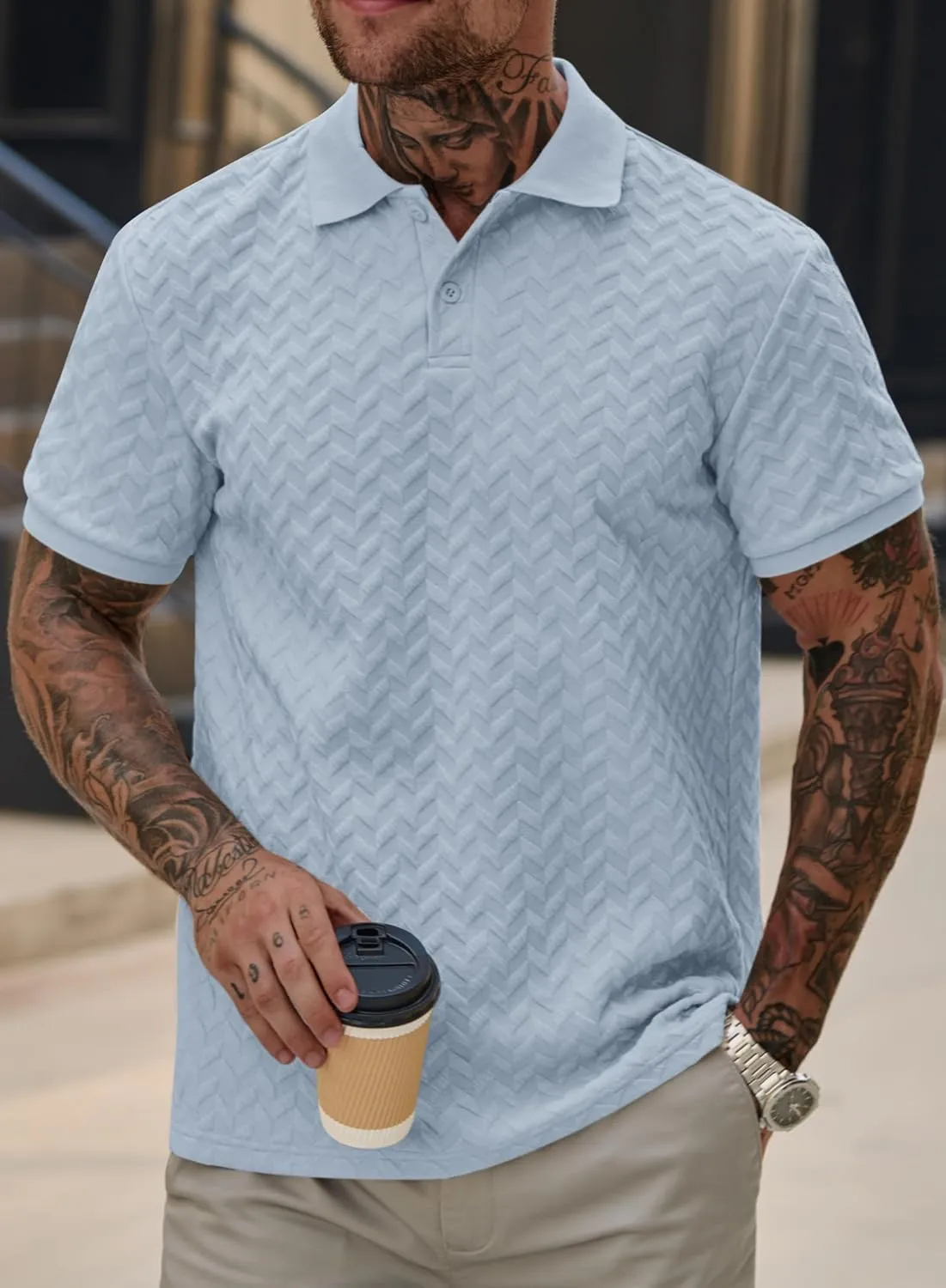Men Textured Polo Shirts Casual Summer Short Sleeve Poloshirt (S-XXL)