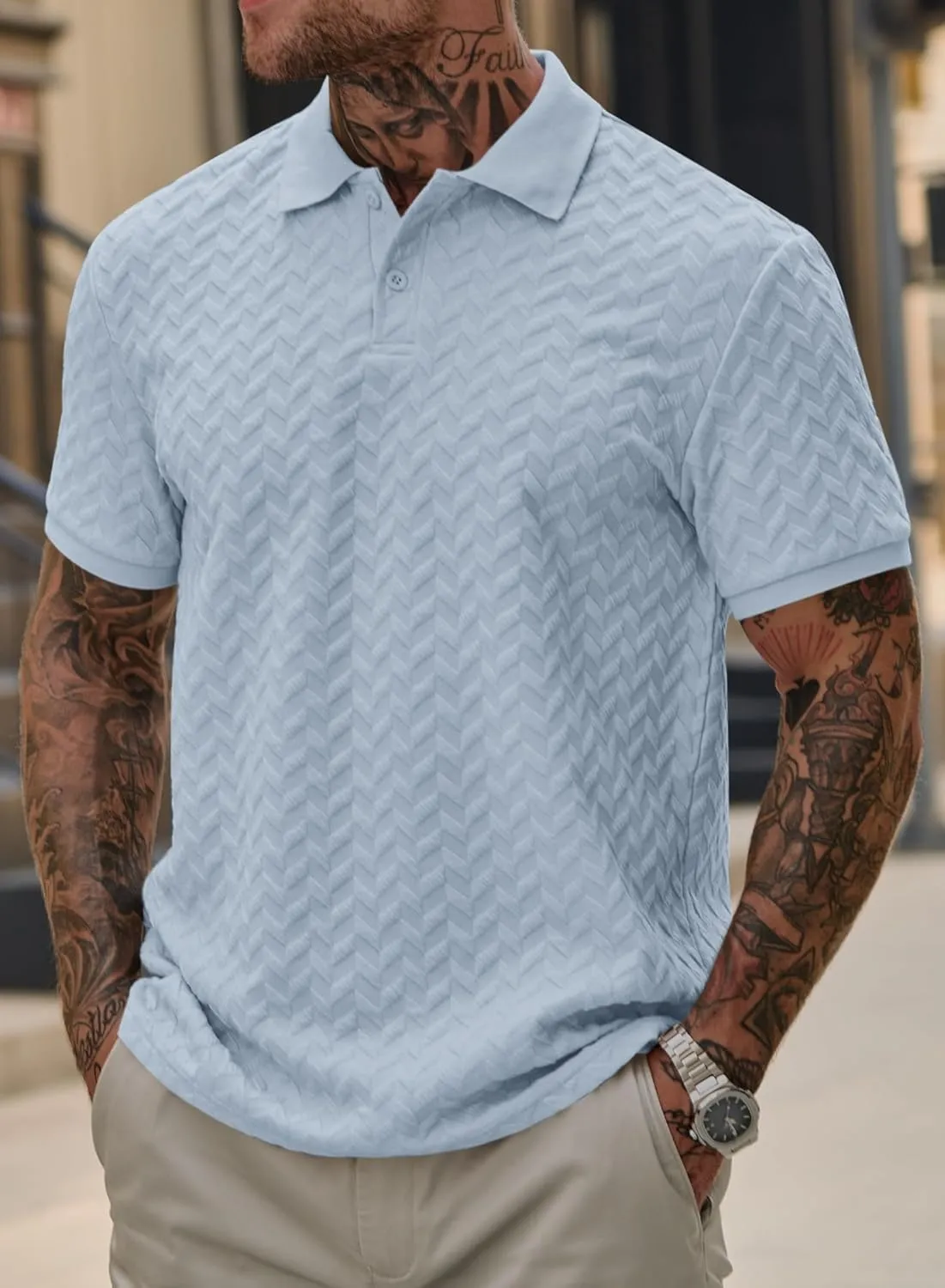 Men Textured Polo Shirts Casual Summer Short Sleeve Poloshirt (S-XXL)