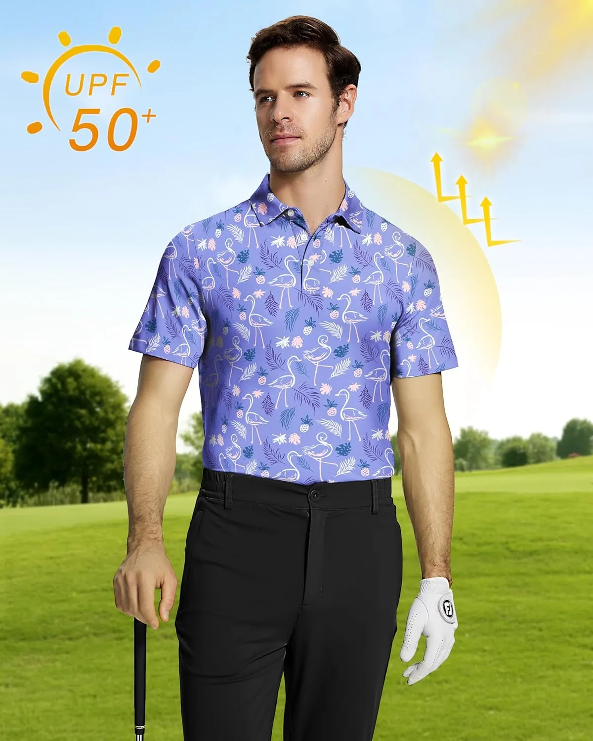 Mens Golf Shirt Short Sleeve Funny Print Golf Polo Shirts for Men Lightweight Dry Fit Quick Dry Collared Golf Polos