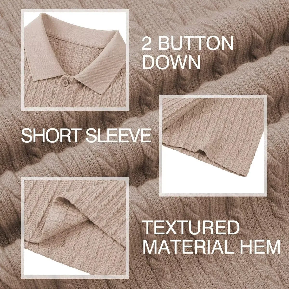 Mens Knit Polo Shirts Short Sleeve Button Down Texture Polo T Shirts Casual Golf Polo Collared Shirts