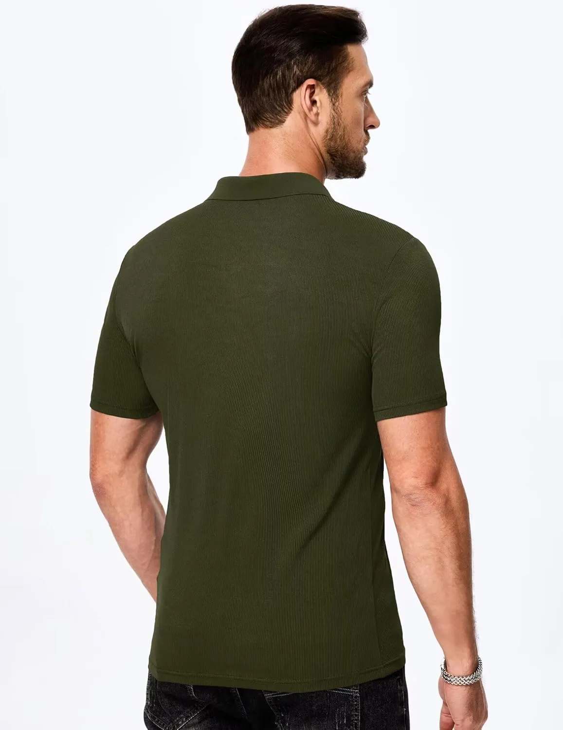 Mens Polo Shirts Short Sleeve V Neck Summer Polo T Shirts Casual Slim Fit Ribbed Textured Golf Shirts