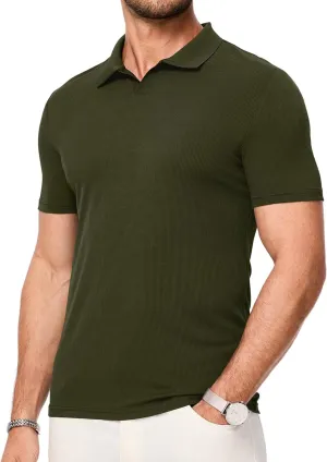 Mens Polo Shirts Short Sleeve V Neck Summer Polo T Shirts Casual Slim Fit Ribbed Textured Golf Shirts