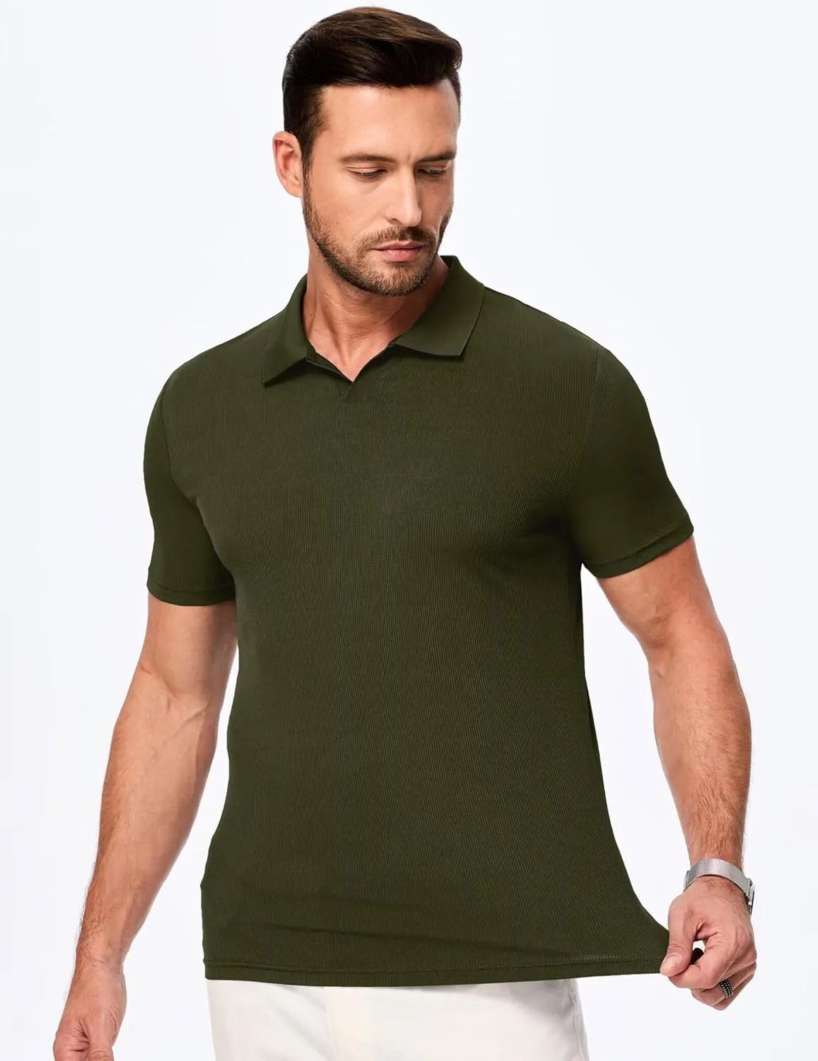 Mens Polo Shirts Short Sleeve V Neck Summer Polo T Shirts Casual Slim Fit Ribbed Textured Golf Shirts
