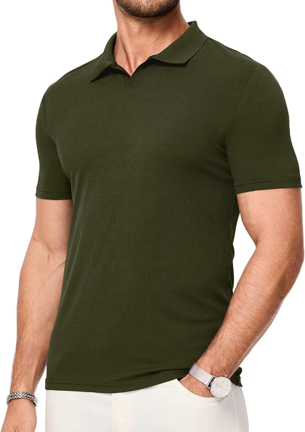 Mens Polo Shirts Short Sleeve V Neck Summer Polo T Shirts Casual Slim Fit Ribbed Textured Golf Shirts