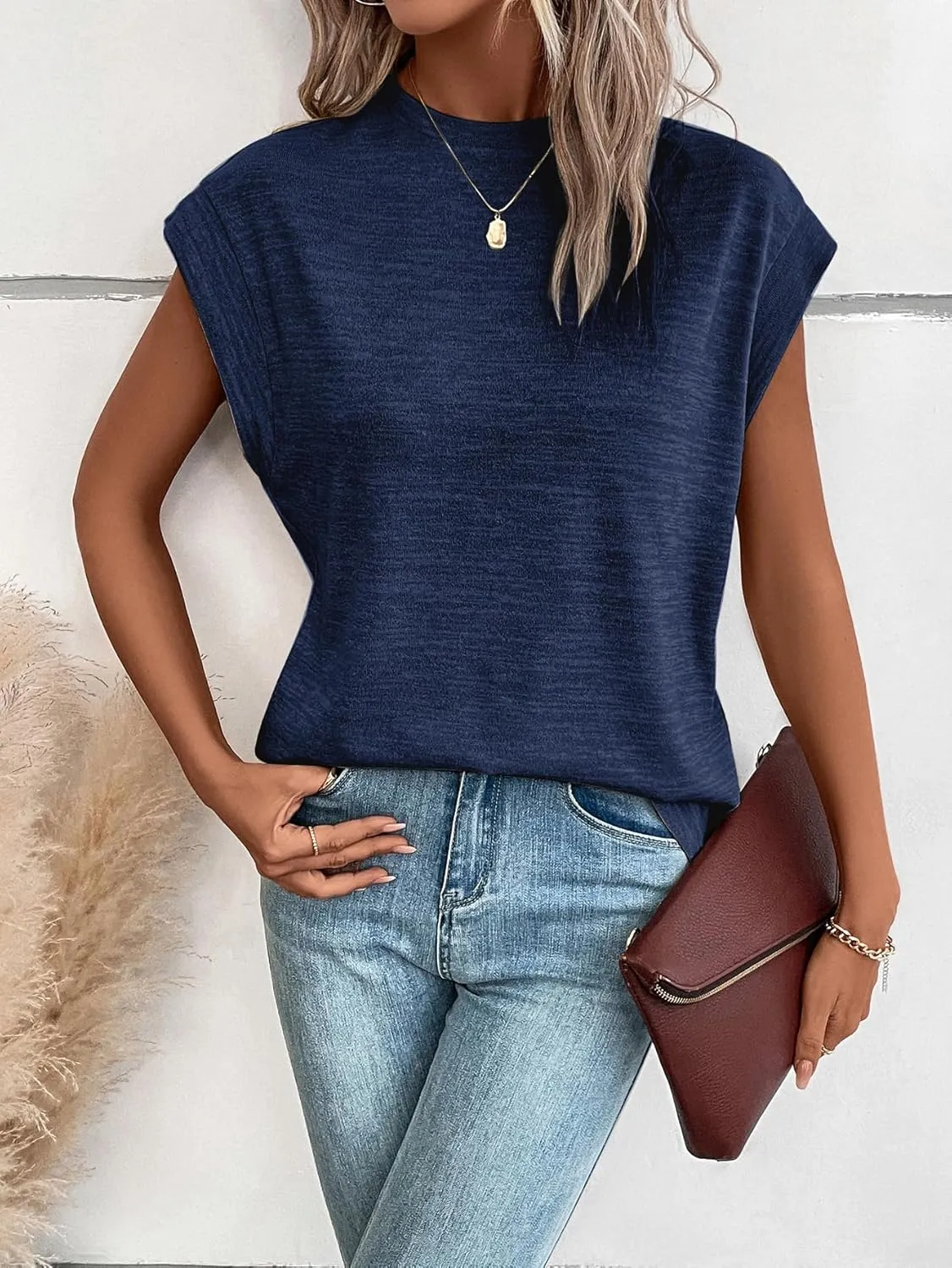 Milumia Women's Casual Cap Short Sleeve T Shirt Dressy Mock Neck Office Work Top
