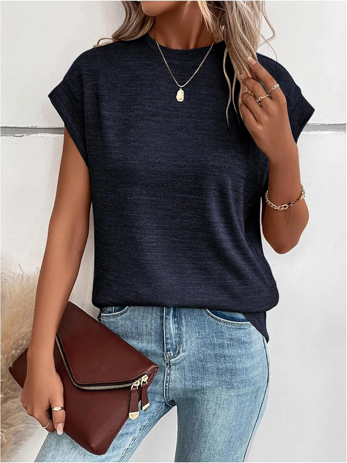Milumia Women's Casual Cap Short Sleeve T Shirt Dressy Mock Neck Office Work Top