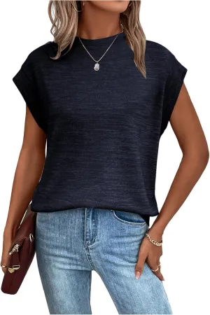 Milumia Women's Casual Cap Short Sleeve T Shirt Dressy Mock Neck Office Work Top