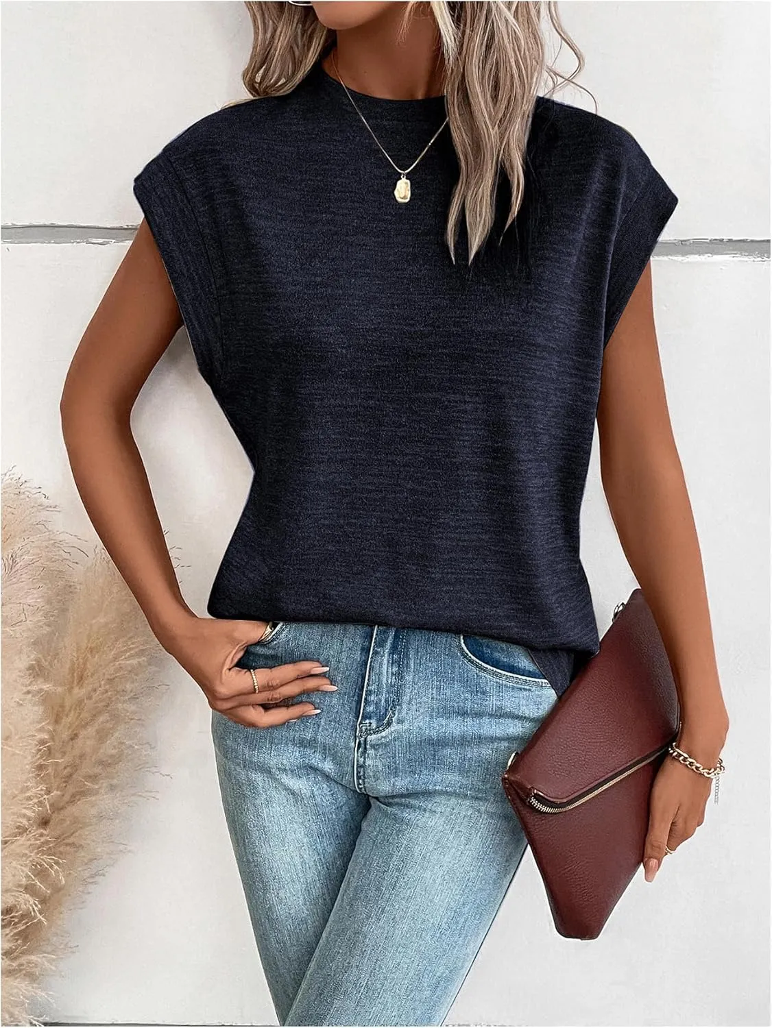 Milumia Women's Casual Cap Short Sleeve T Shirt Dressy Mock Neck Office Work Top