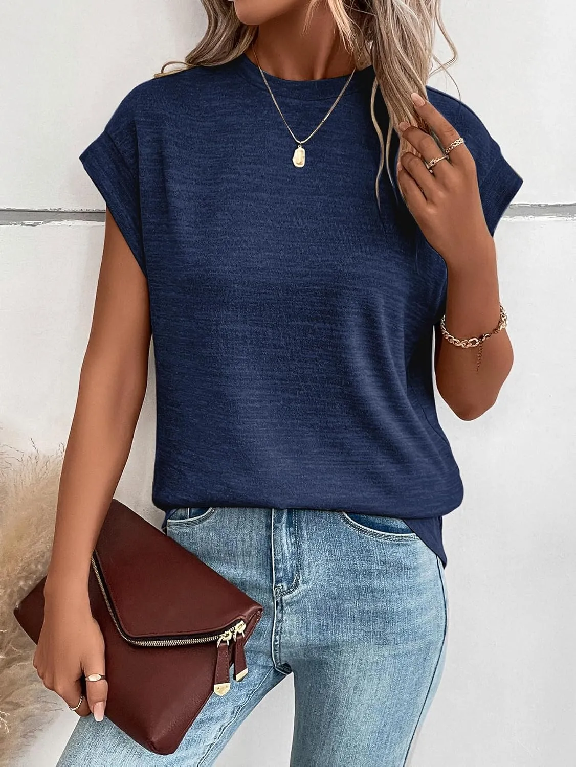 Milumia Women's Casual Cap Short Sleeve T Shirt Dressy Mock Neck Office Work Top