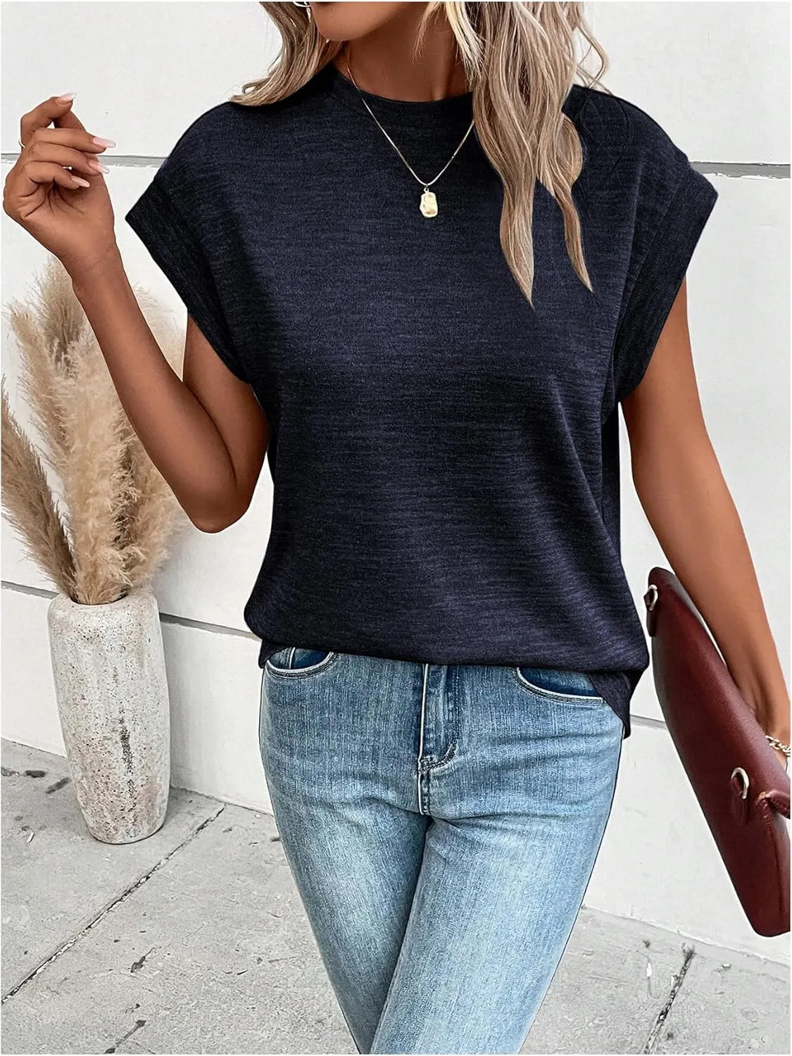 Milumia Women's Casual Cap Short Sleeve T Shirt Dressy Mock Neck Office Work Top