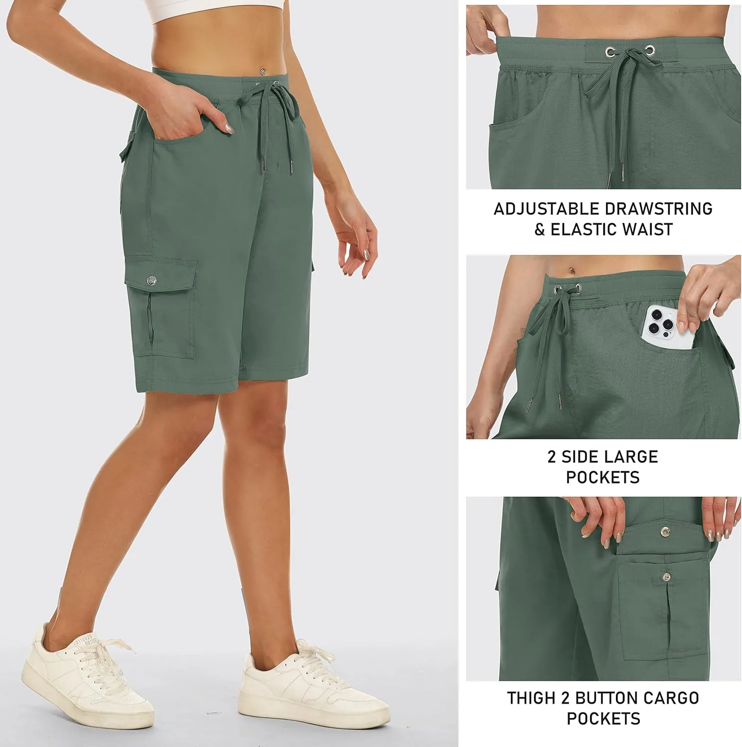 MoFiz Women's 10" Hiking Cargo Shorts 6 Pockets Lightweight Quick Dry Outdoor Running Athletic Short Summer Travel Loose