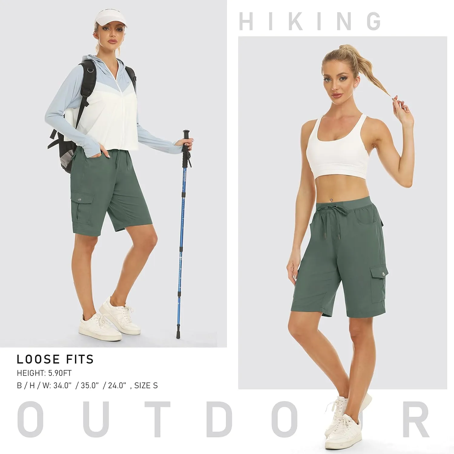 MoFiz Women's 10" Hiking Cargo Shorts 6 Pockets Lightweight Quick Dry Outdoor Running Athletic Short Summer Travel Loose