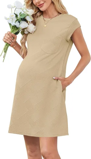 OUGES Womens 2025 Spring/Summer Maternity Dress Clothes for Pregnancy Must Have Short Sleeve Crew Neck Casual Loose Basic Holiday T Shirt Mini Teacher Dresses for Women with Pockets(Dark Apricot,M)
