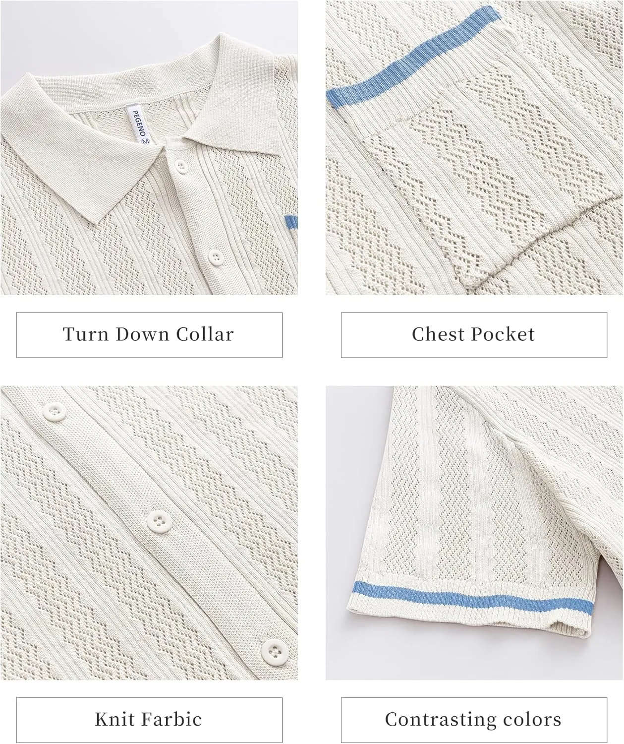 PEGENO Men's Short Sleeve Knit Shirts Button Down Shirt Vintage Casual Polo Shirt Tops