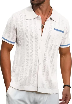 PEGENO Men's Short Sleeve Knit Shirts Button Down Shirt Vintage Casual Polo Shirt Tops