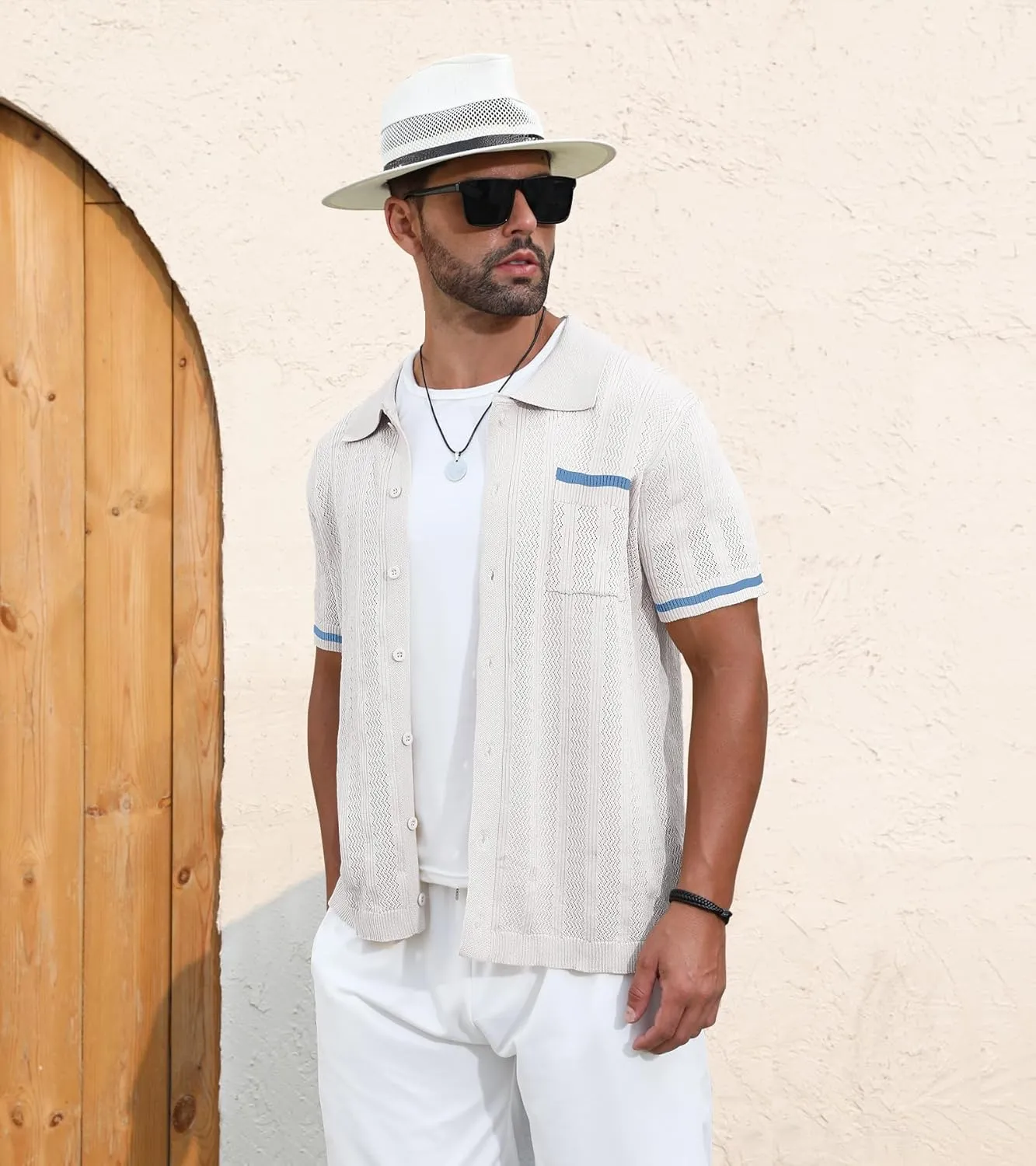 PEGENO Men's Short Sleeve Knit Shirts Button Down Shirt Vintage Casual Polo Shirt Tops
