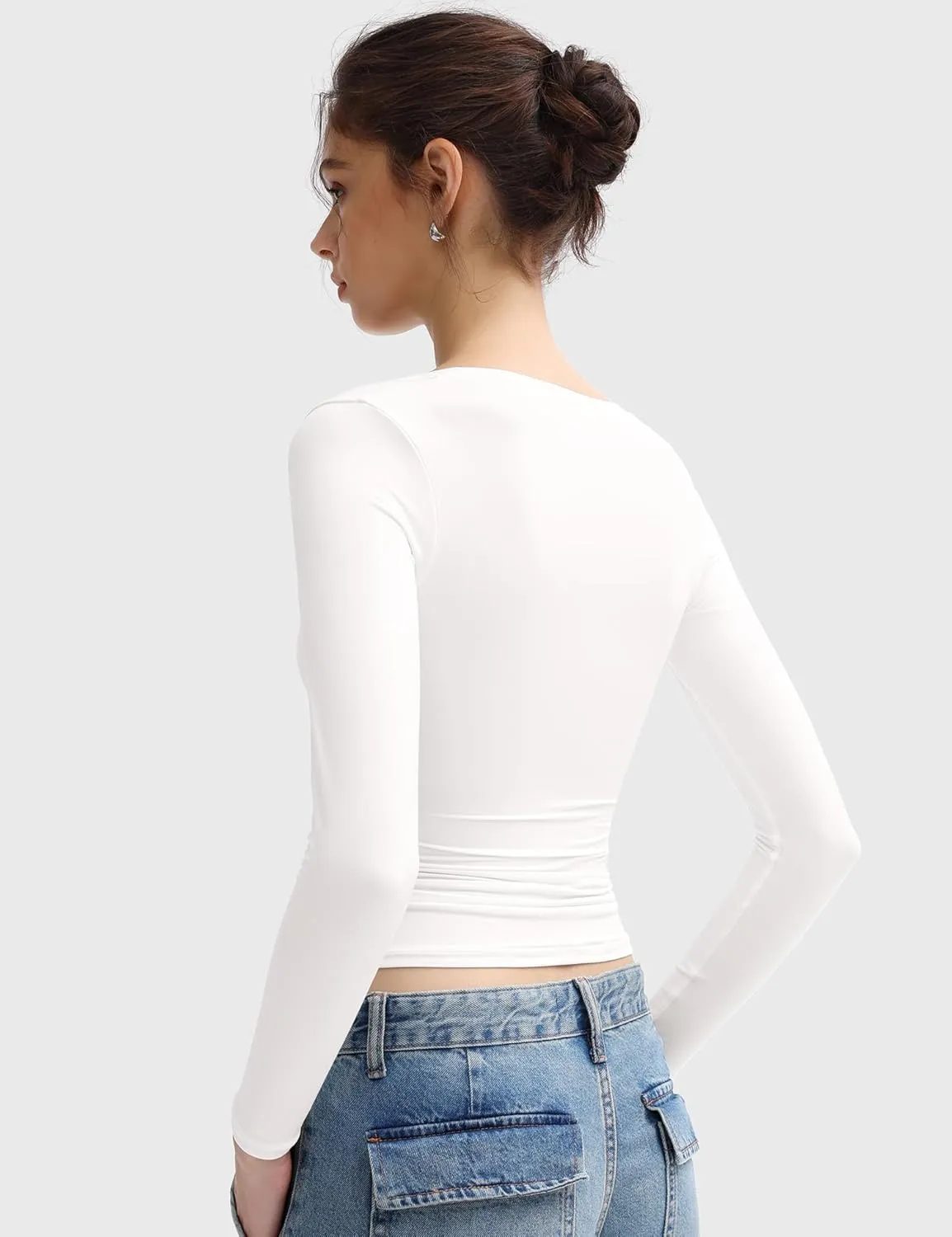 PUMIEY Women's Long Sleeve T Shirts Scoop Neck Slim Fit Going Out Tops Double Lined Basic Tee Smoke Cloud Collection