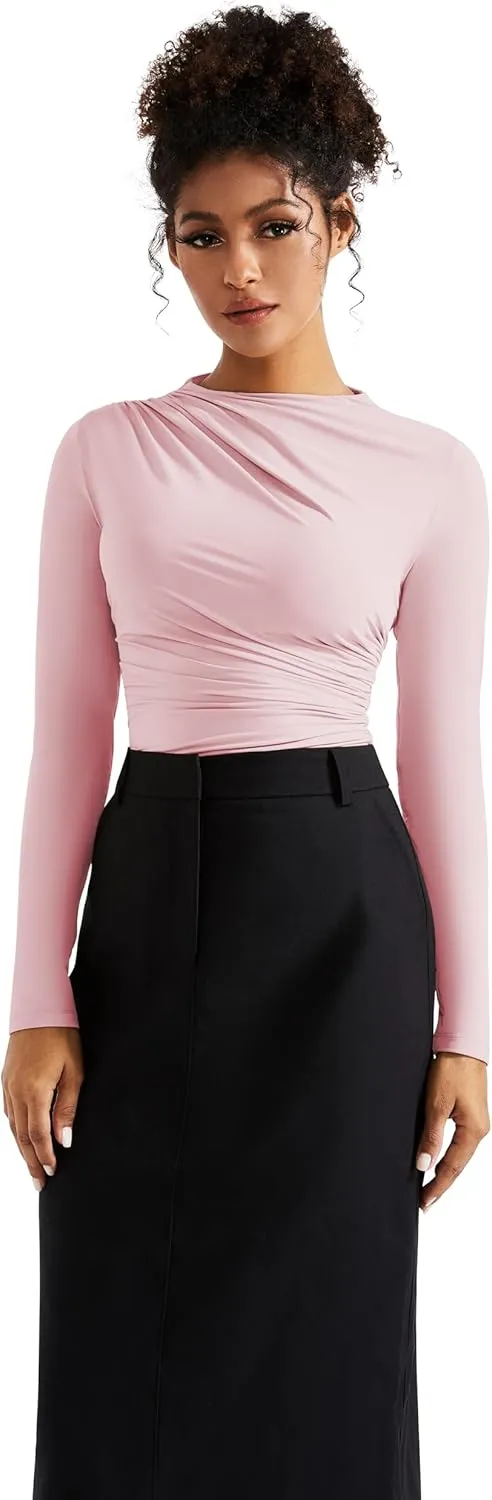 SUUKSESS Women Business Casual Long Sleeve Tops Double Lined Basic T Shirts