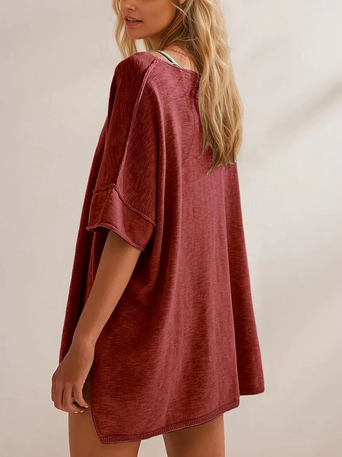 Tankaneo Women's Oversized T Shirts Casual Summer Crew Neck Loose Dropped Short Sleeve Side Slit Hem Blouse Tunic Tops