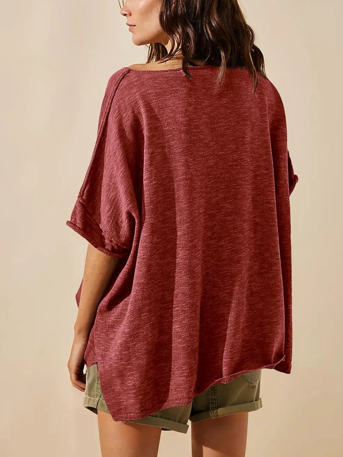 Tankaneo Women's Oversized T Shirts Casual Summer Crew Neck Loose Dropped Short Sleeve Side Slit Hem Blouse Tunic Tops