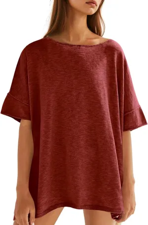 Tankaneo Women's Oversized T Shirts Casual Summer Crew Neck Loose Dropped Short Sleeve Side Slit Hem Blouse Tunic Tops