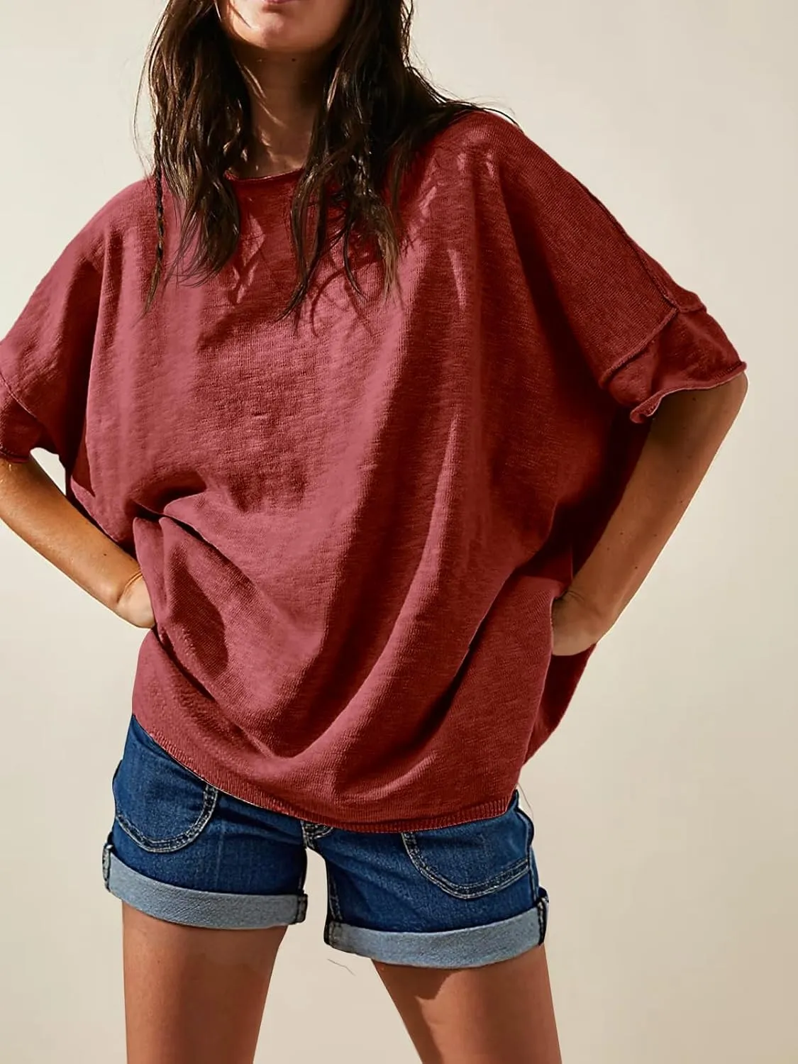 Tankaneo Women's Oversized T Shirts Casual Summer Crew Neck Loose Dropped Short Sleeve Side Slit Hem Blouse Tunic Tops