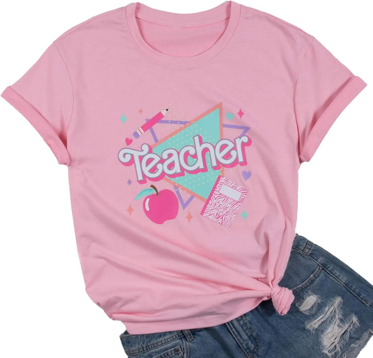 Teacher Shirts for Women Teach Love Inspire Teaching Tee Tops 80s 90s Short Sleeve Inspirational Teacher Day Gift Shirts