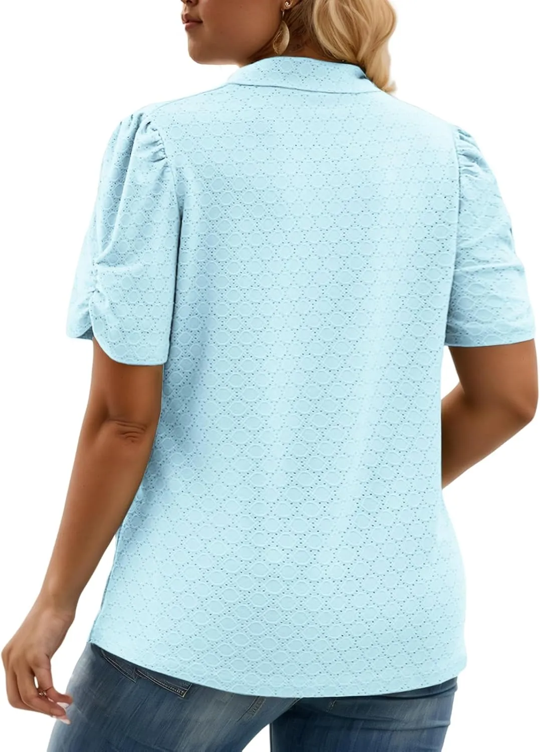 VISLILY Womens-Plus-Size-Summer-Tops Polo V Neck T Shirts Puff Short Sleeve Lapel Collared Work Blouses Eyelet Tunics XL-5XL