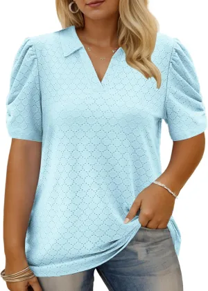 VISLILY Womens-Plus-Size-Summer-Tops Polo V Neck T Shirts Puff Short Sleeve Lapel Collared Work Blouses Eyelet Tunics XL-5XL