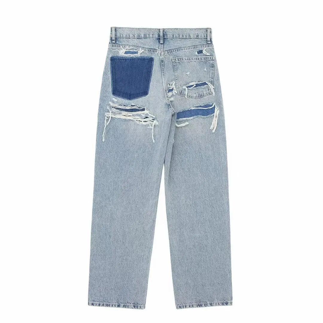 Retro High-Waisted Loose-Fit Jeans for Women with Perforated Hole Detailing