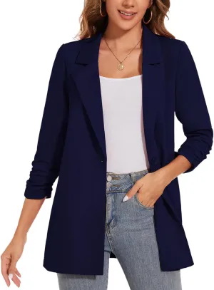 Women's Long Blazer Jackets Button Front Lapel Ruched 3/4 Sleeve Business Casual Office Work Lightweight Blazers