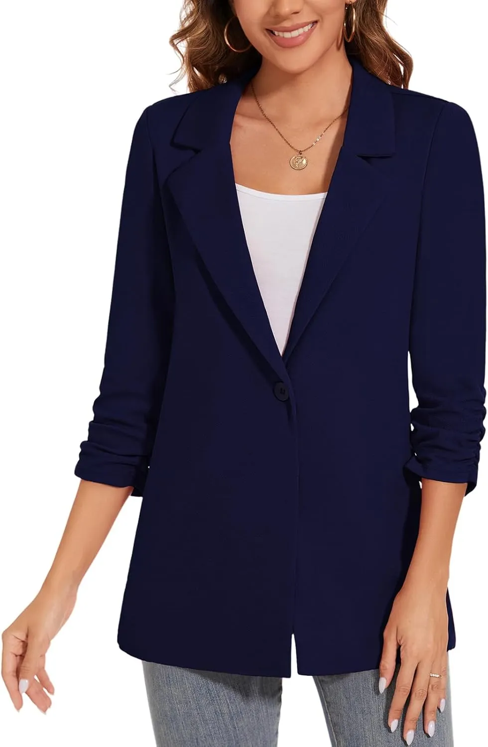 Women's Long Blazer Jackets Button Front Lapel Ruched 3/4 Sleeve Business Casual Office Work Lightweight Blazers