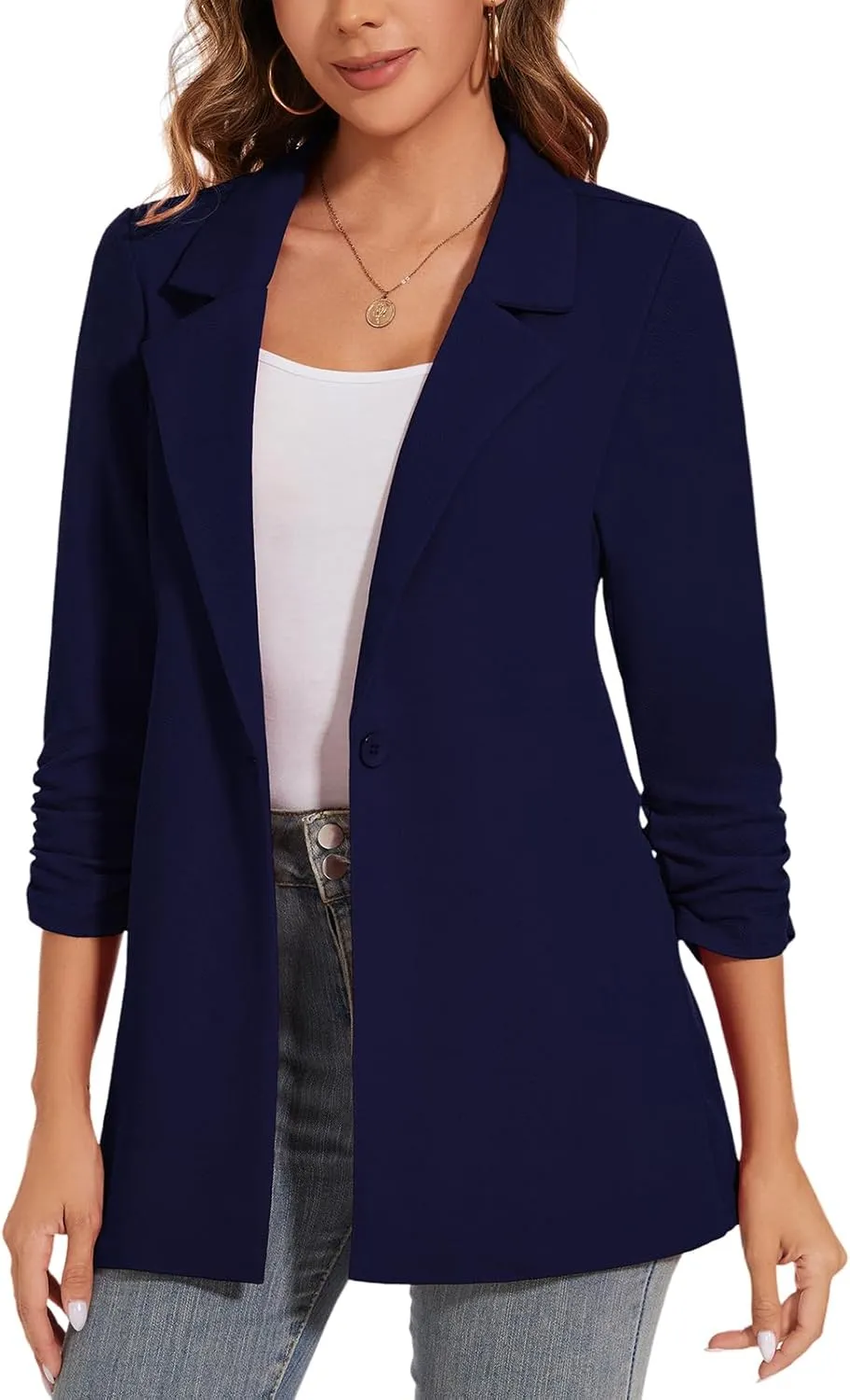 Women's Long Blazer Jackets Button Front Lapel Ruched 3/4 Sleeve Business Casual Office Work Lightweight Blazers