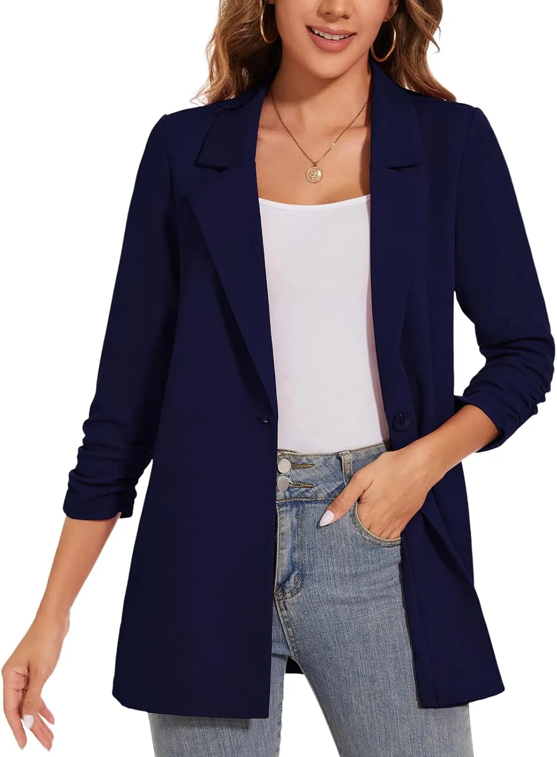 Women's Long Blazer Jackets Button Front Lapel Ruched 3/4 Sleeve Business Casual Office Work Lightweight Blazers