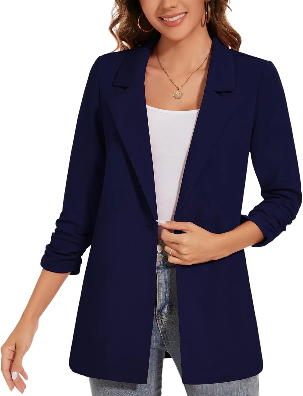 Women's Long Blazer Jackets Button Front Lapel Ruched 3/4 Sleeve Business Casual Office Work Lightweight Blazers
