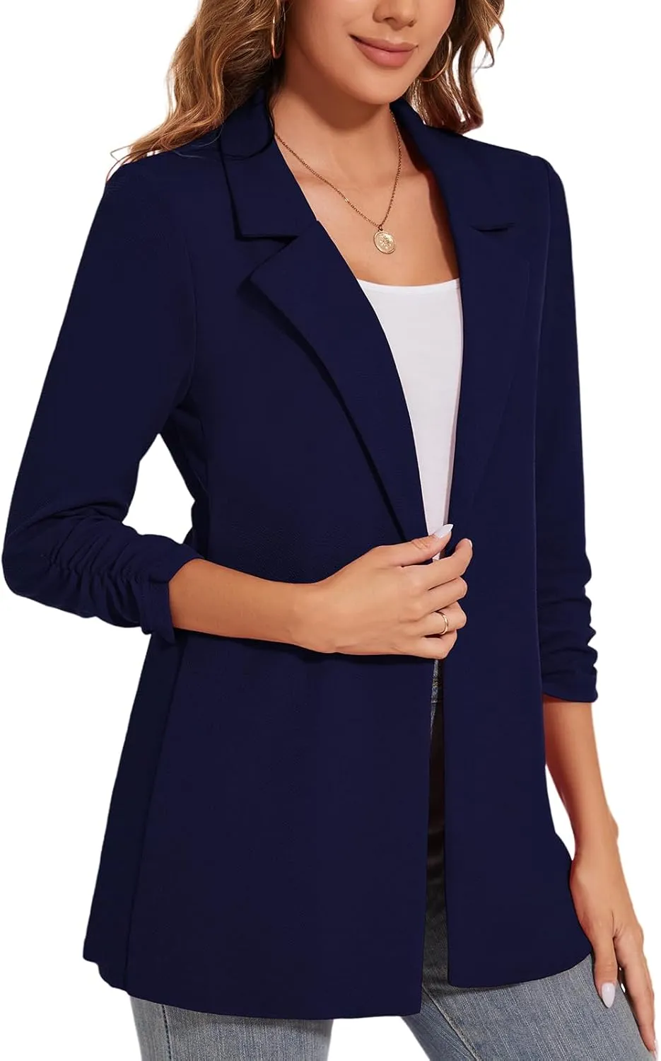 Women's Long Blazer Jackets Button Front Lapel Ruched 3/4 Sleeve Business Casual Office Work Lightweight Blazers