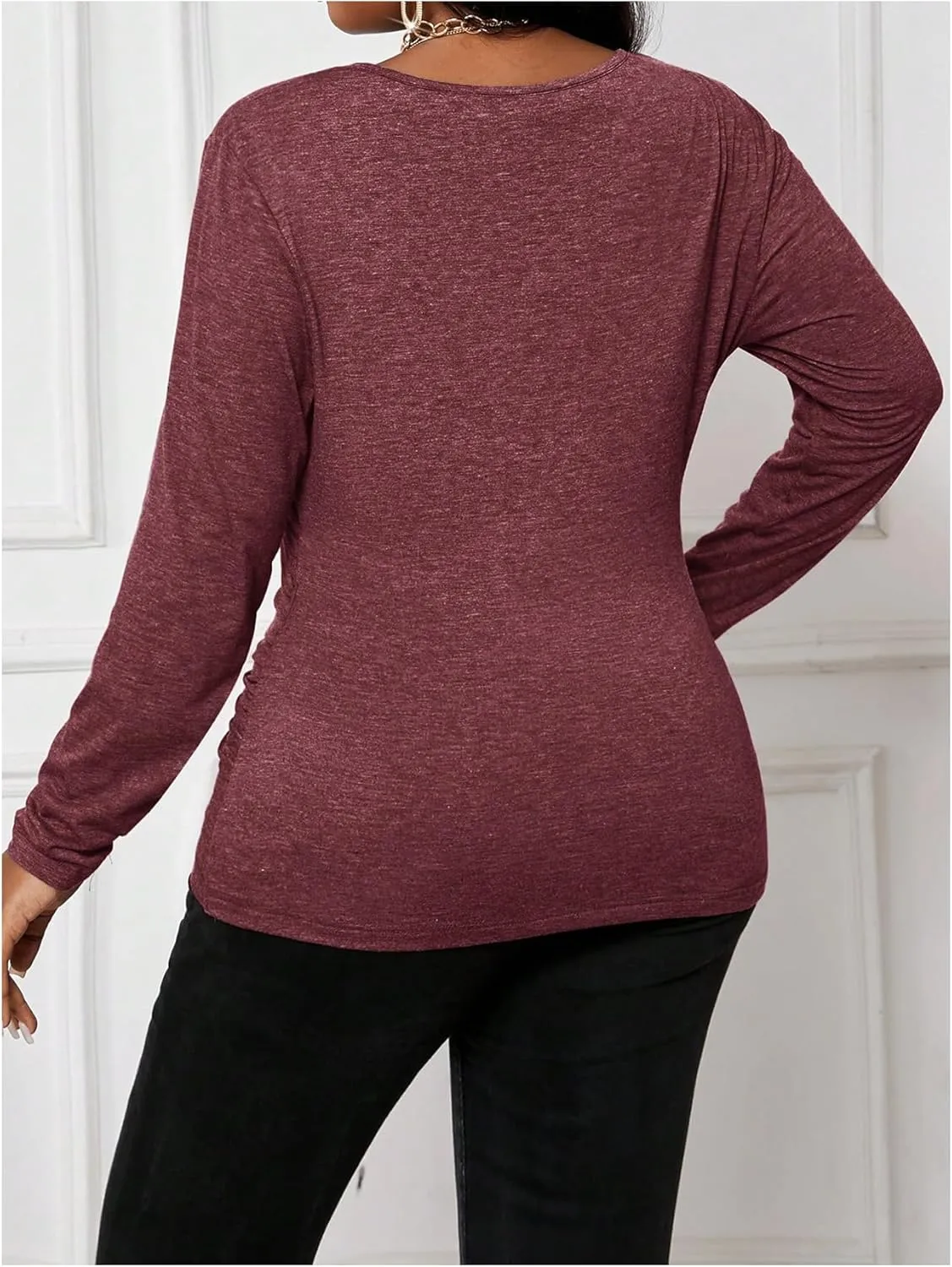 Women's Plus Size V Neck Wrap T Shirts Long Sleeve Slim Fit Ruched Tee Tops Office Work Clothes