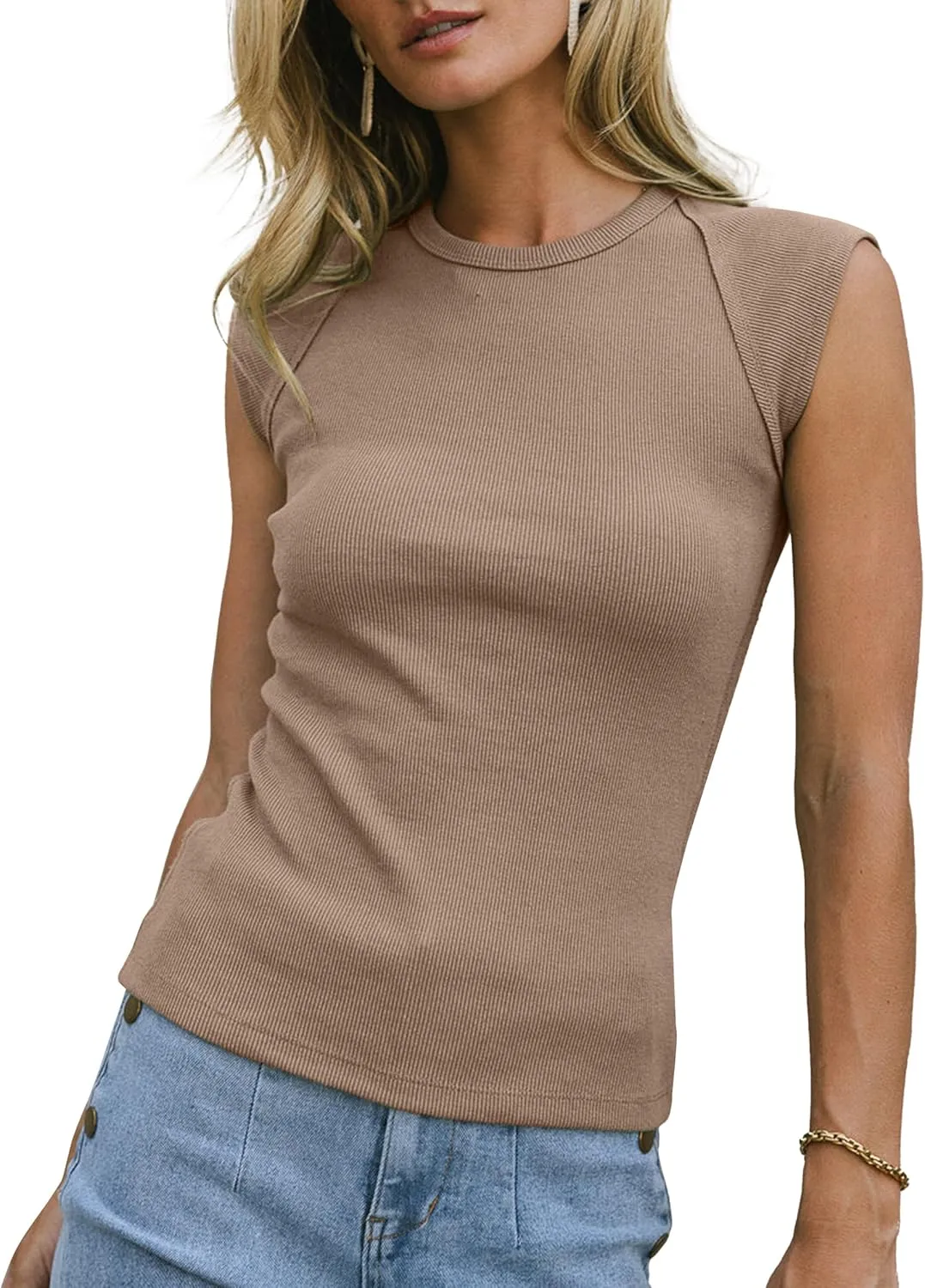 Womens Ribbed Tank Tops Cap Sleeve Slim Fitted Knit Basic Tee Shirts Trendy Casual 2025 Summer Clothes