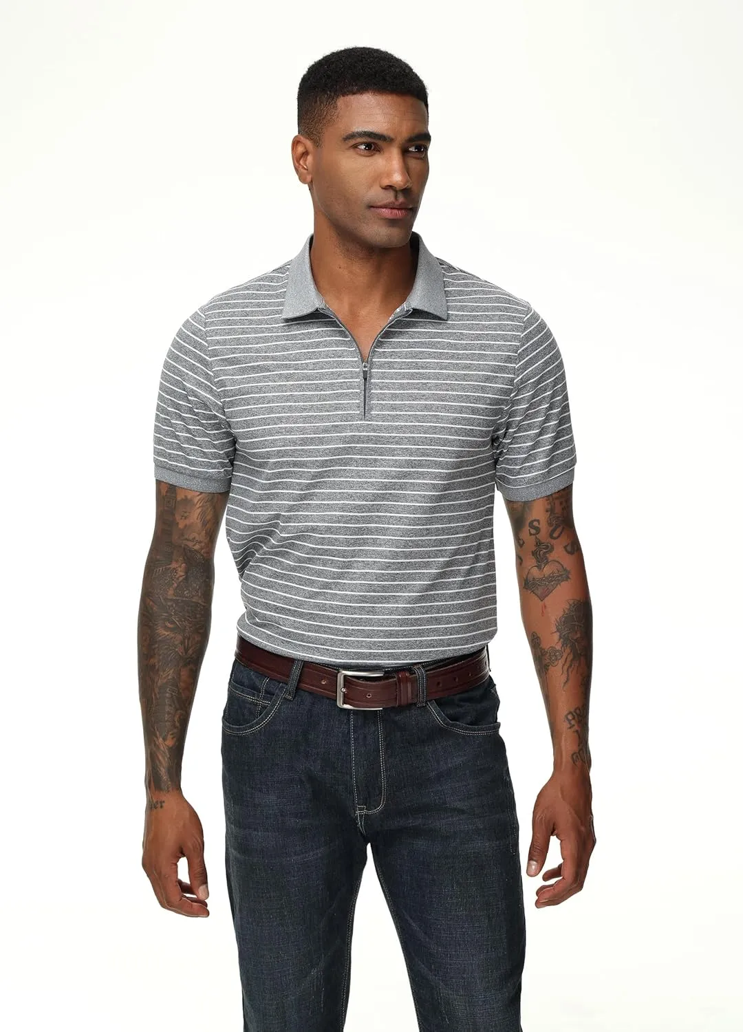 ZTN Men's Polo Shirts Short Sleeve Dry Fit Performance Moisture Wicking Zipper Golf Polo Shirts Striped Daily Casual T-Shirt
