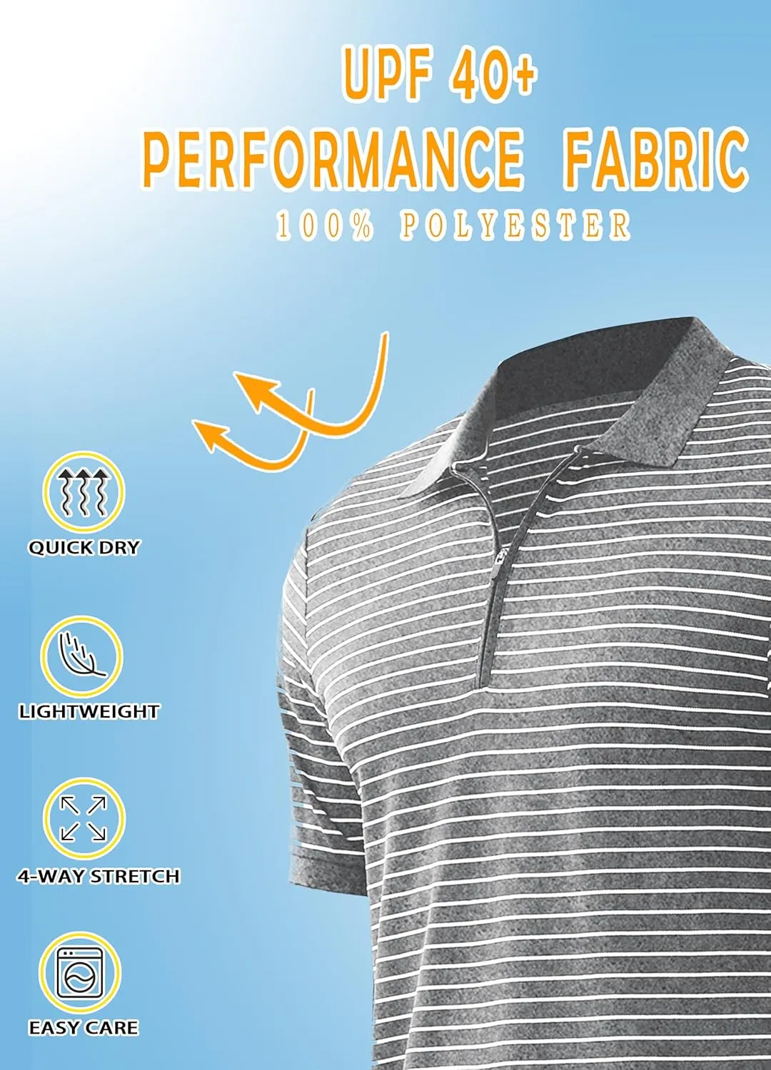 ZTN Men's Polo Shirts Short Sleeve Dry Fit Performance Moisture Wicking Zipper Golf Polo Shirts Striped Daily Casual T-Shirt